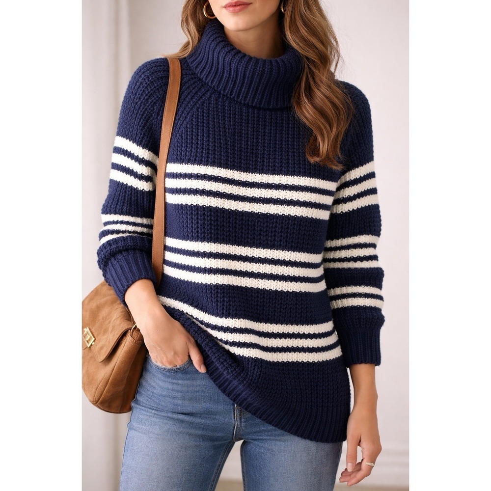 Lands' End Tunic Sweater Sz M‎ Striped Navy Blue White Foldover Neck Chunky Knit